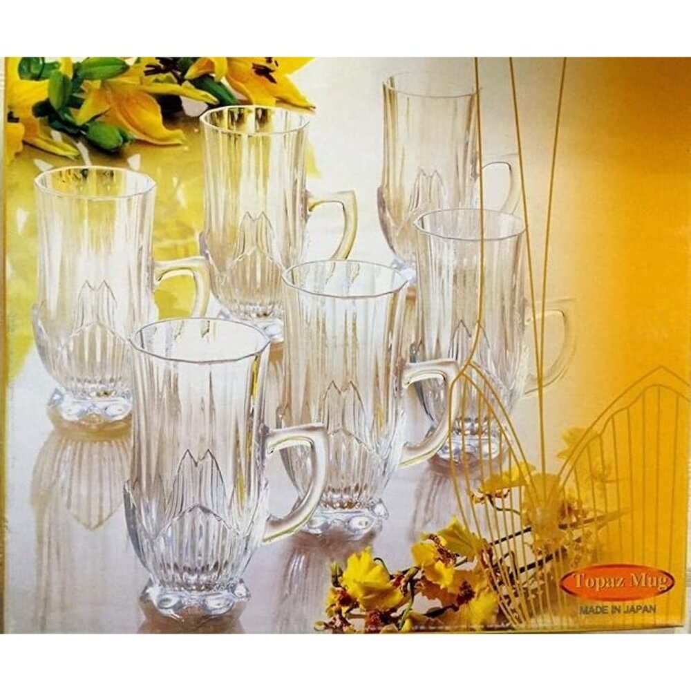 Aderia Glass Topaz Mug Set Of 5 Crystal-Look Clear Glass Mugs Elegant Design Box